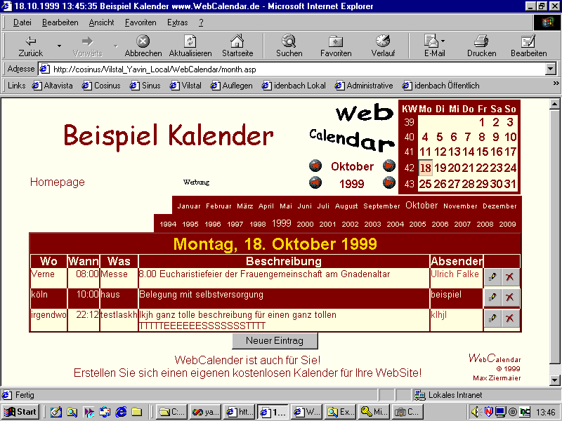 Die Monatsansicht des WebCalendar im Standad-Desgin