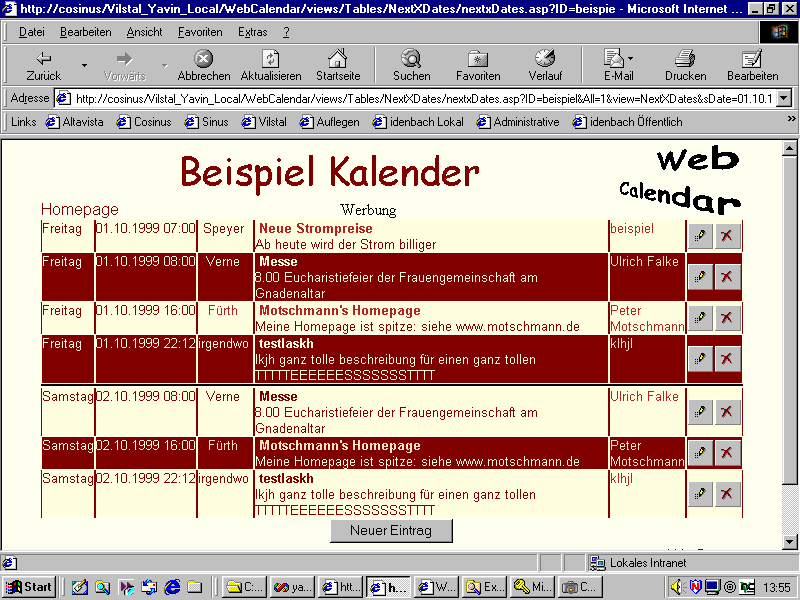 Die Tabellen-Ansicht des WebCalendar im Standad-Desgin